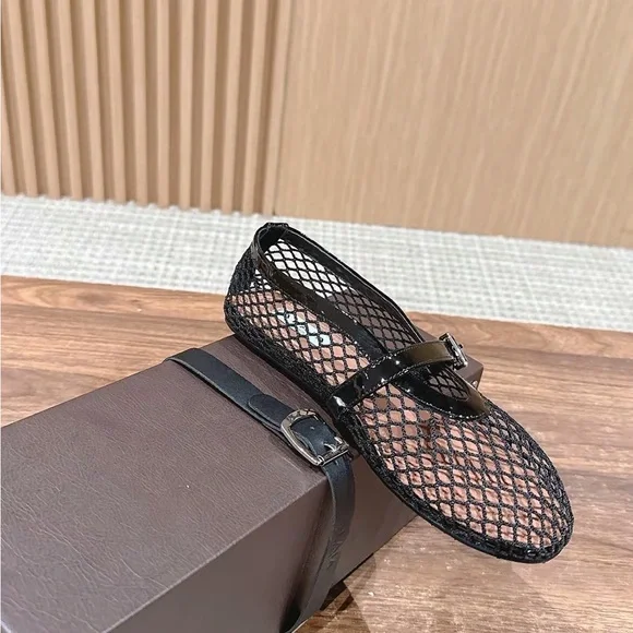 Alaia Black Mesh Mary Jane Flats with Patent Strap - Picture 6 of 7